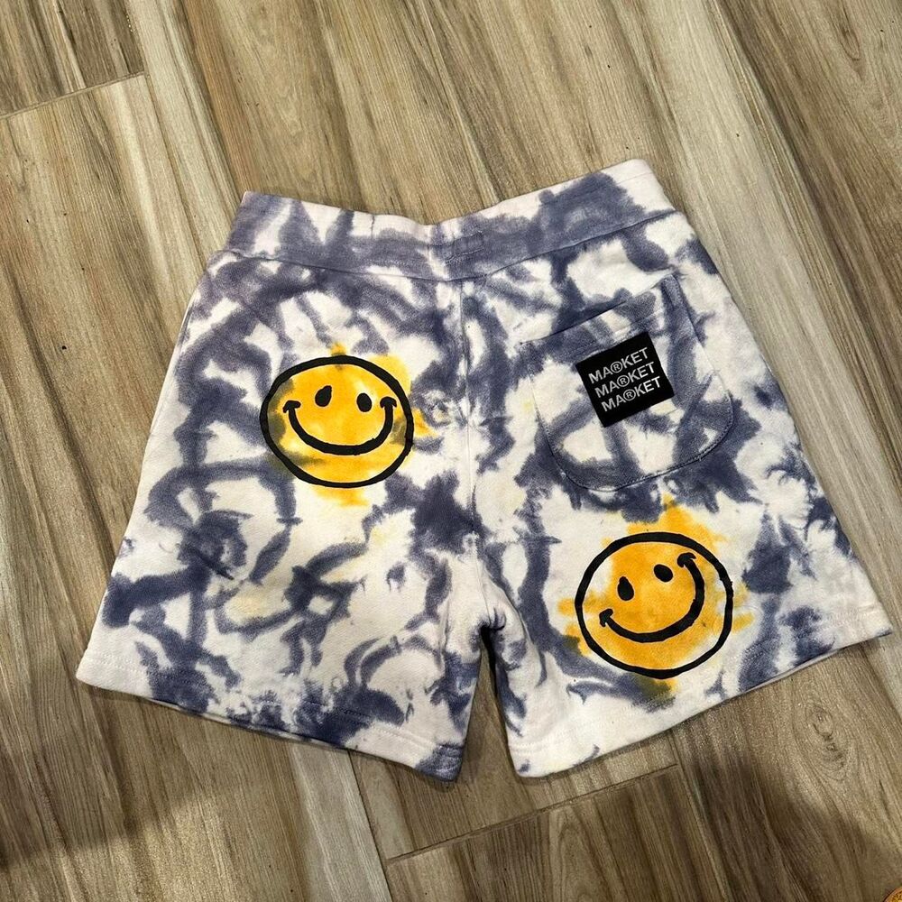 chinatown market blue tie dye smiley face sweatshorts - Picture 2 of 4